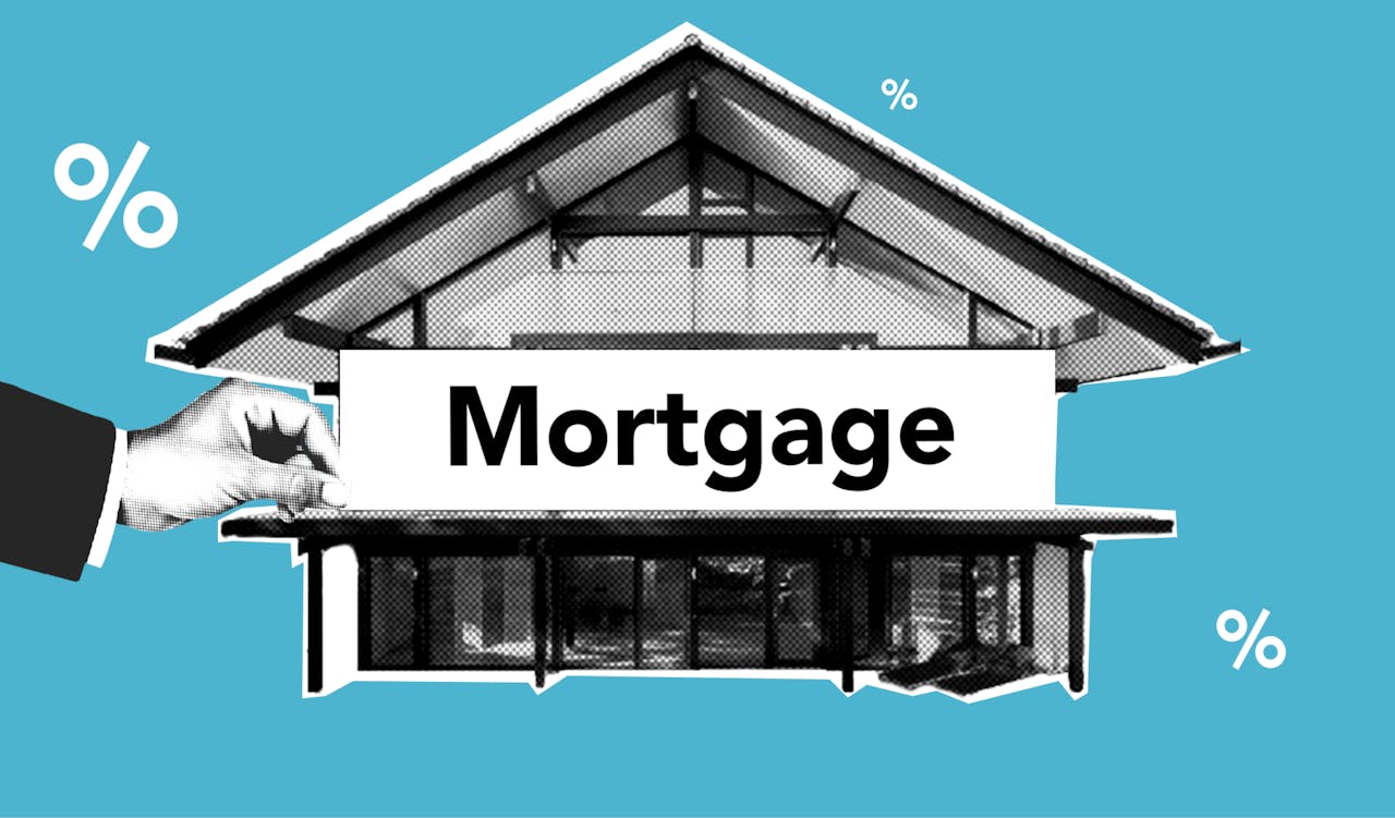 our-story Creative collage of a house with mortgage theme and blue background.